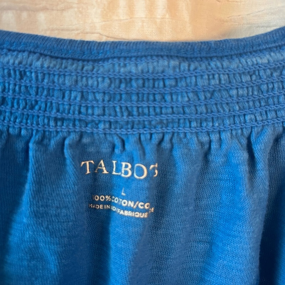 Talbots Teal Blue Short Sleeve Scoop Neck Top with White Embroidery - Picture 2 of 3